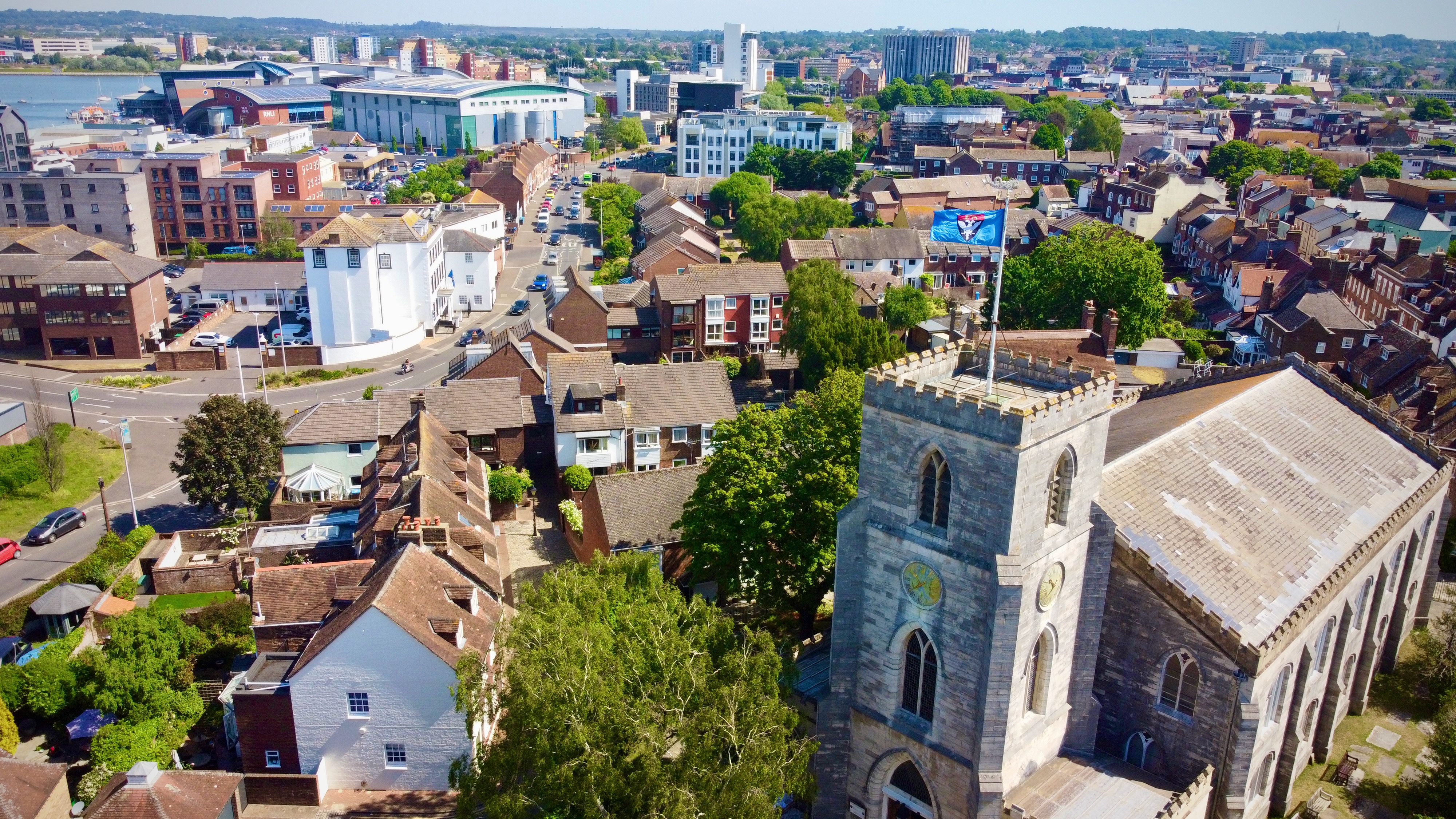 Aerial view of Jolliffe House and the surrounding Poole Old Town streets